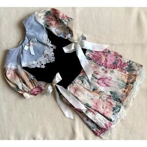 Vintage 90s Piano Kids Fashion Dress Girls 8 Multi Floral Print Lace Bow Party